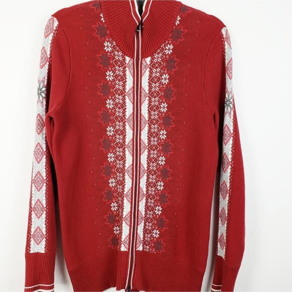 Eddie Bauer Vintage Red Snowflake Fair isle Zip Front Cardigan Sweater Ski - Picture 14 of 14